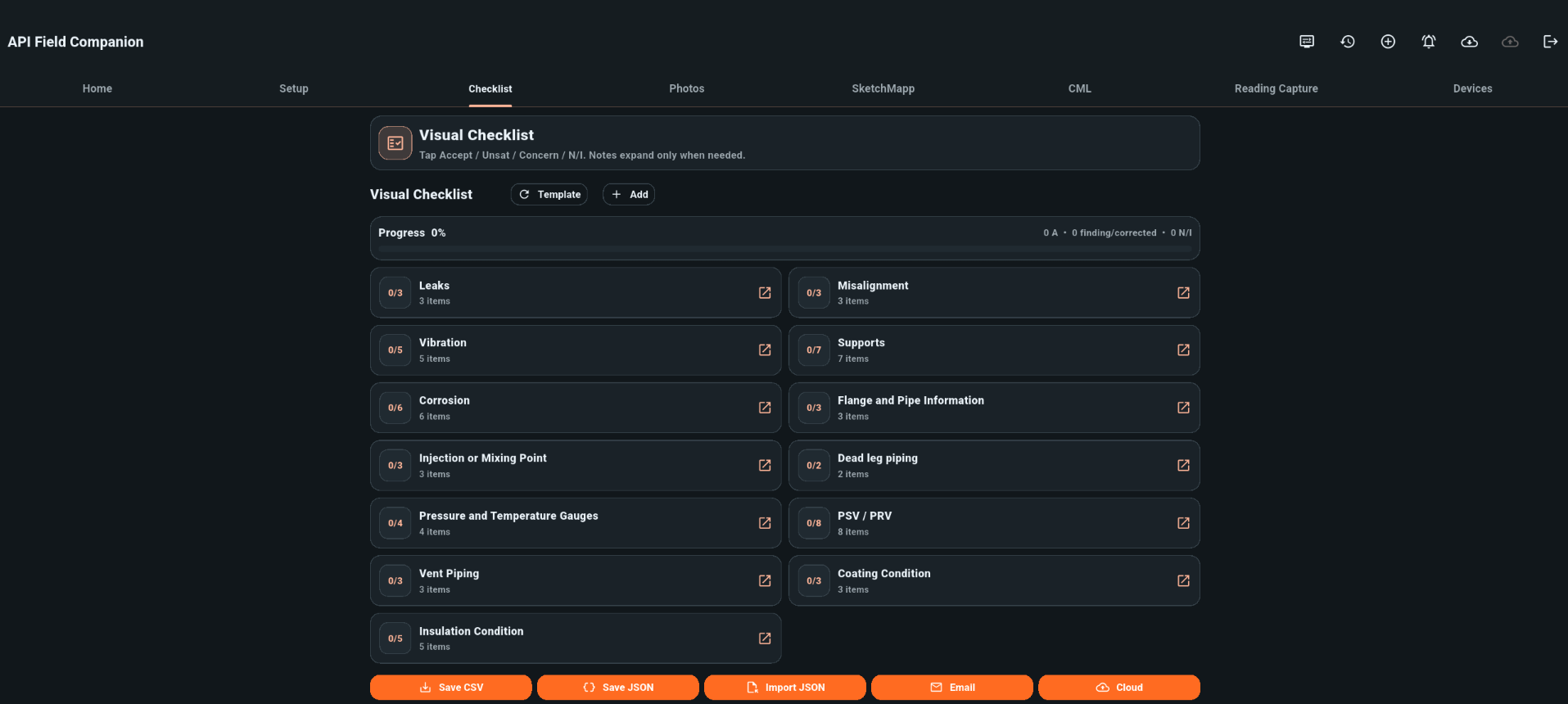 API Field Companion tablet checklist screen for collecting inspection information
