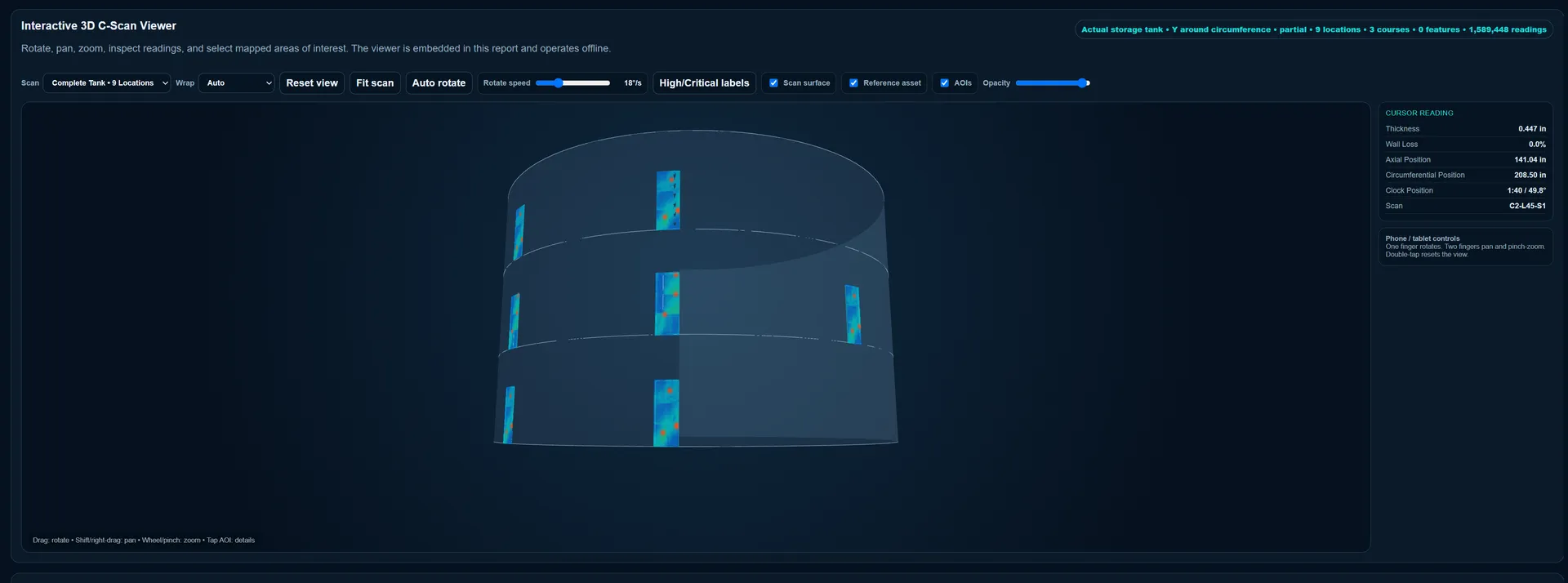 Offline 3D tank viewer with encoded scan patches mapped across the courses and a cursor reading panel