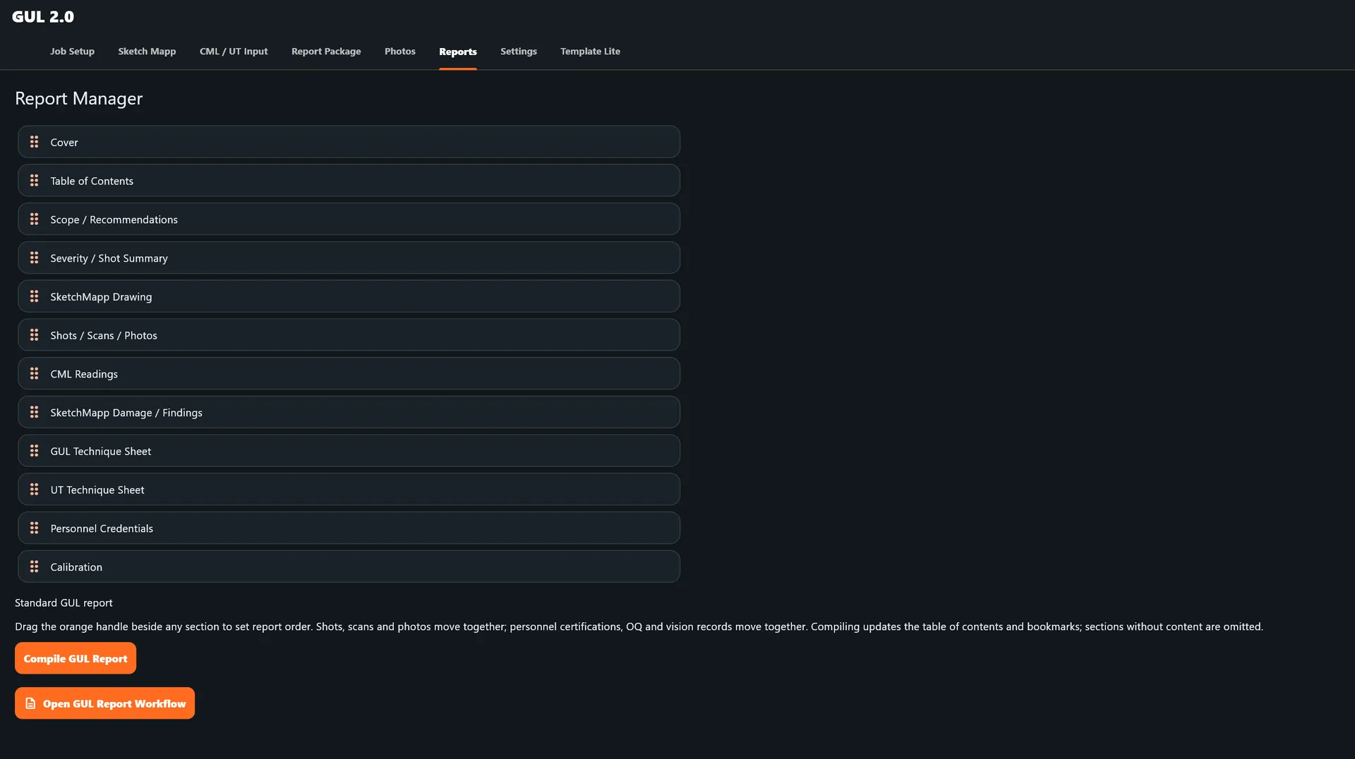 GUL 2.0 report manager screen showing the organized final report section list