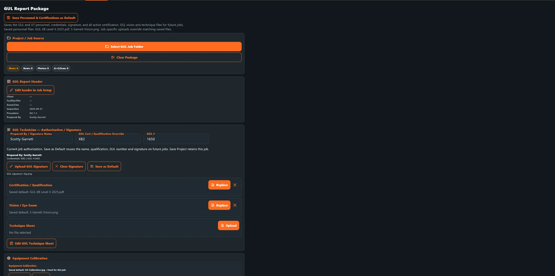GUL 2.0 report package screen with personnel, certifications, and technique sheet documentation