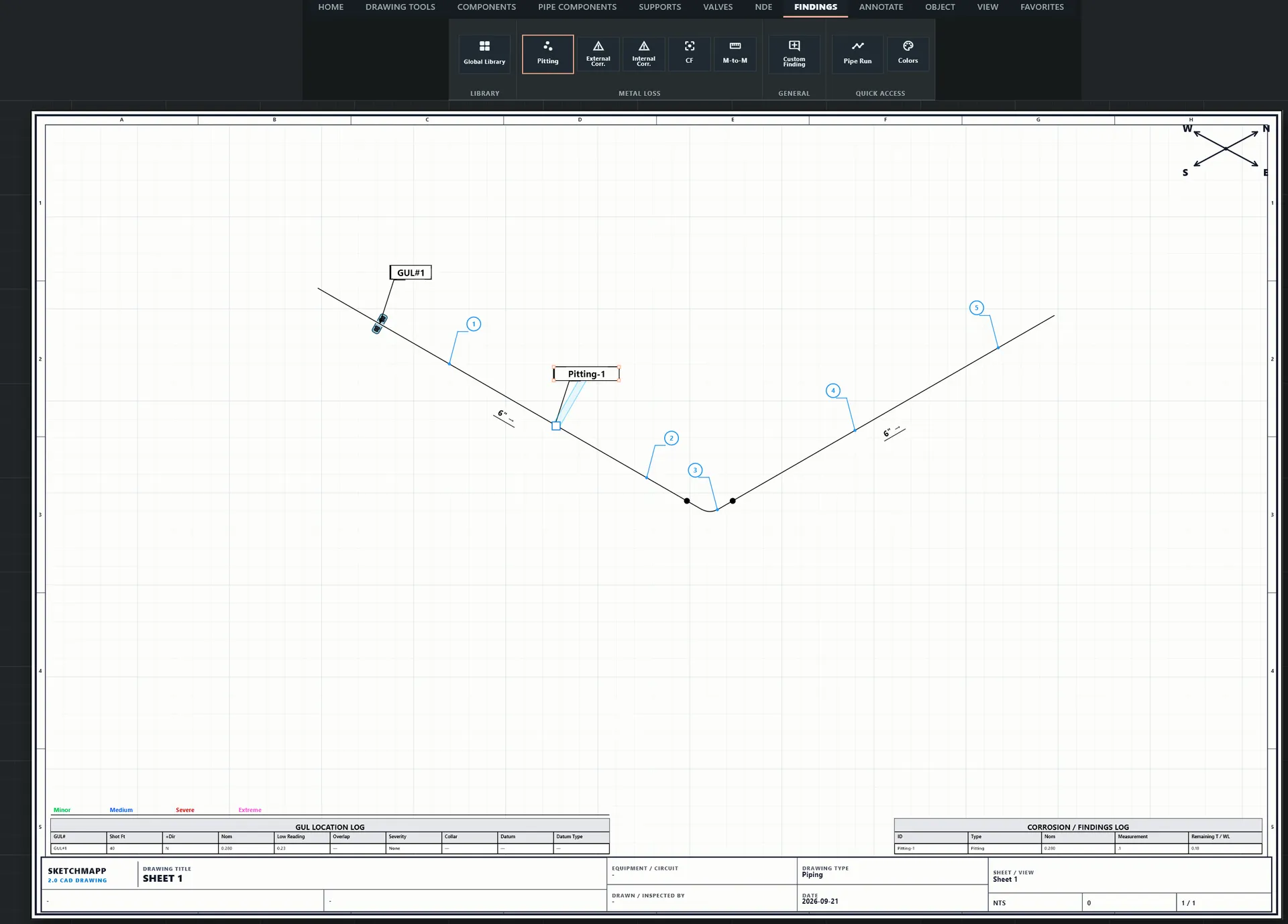 SketchMapp GUL location log and findings drawing showing shot locations and inspection context