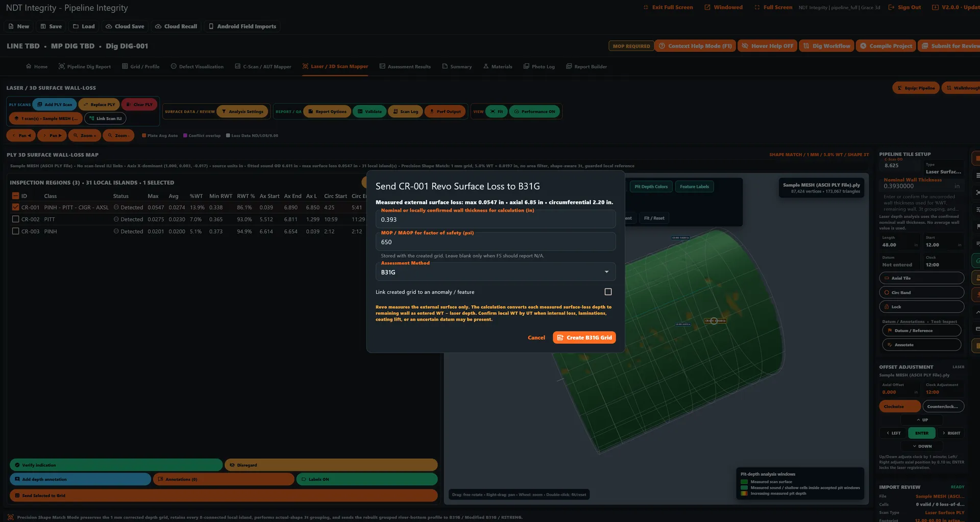 Laser / 3D Scan Mapper showing the PLY 3D surface wall-loss map, detected inspection regions CR-001 PINH / PITT / CGR / AXSL at maximum 0.0547, average 0.0274, and 13.9% wall thickness alongside CR-002 and CR-003 with wall-loss readings, and the Send CR-001 Revo Surface Loss to B31G dialog showing external surface loss, 0.393 in wall thickness, 650 MOP / MAOP, and B31G assessment inputs; the 3D revolved surface-loss mesh and pipeline tile setup, offset adjustment, and import review panels are also visible.