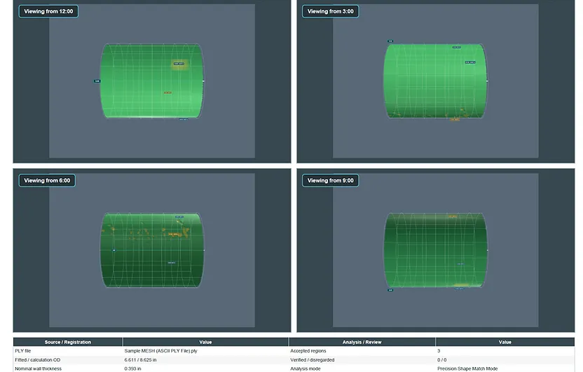 Laser scan comparison report with surface models and data table