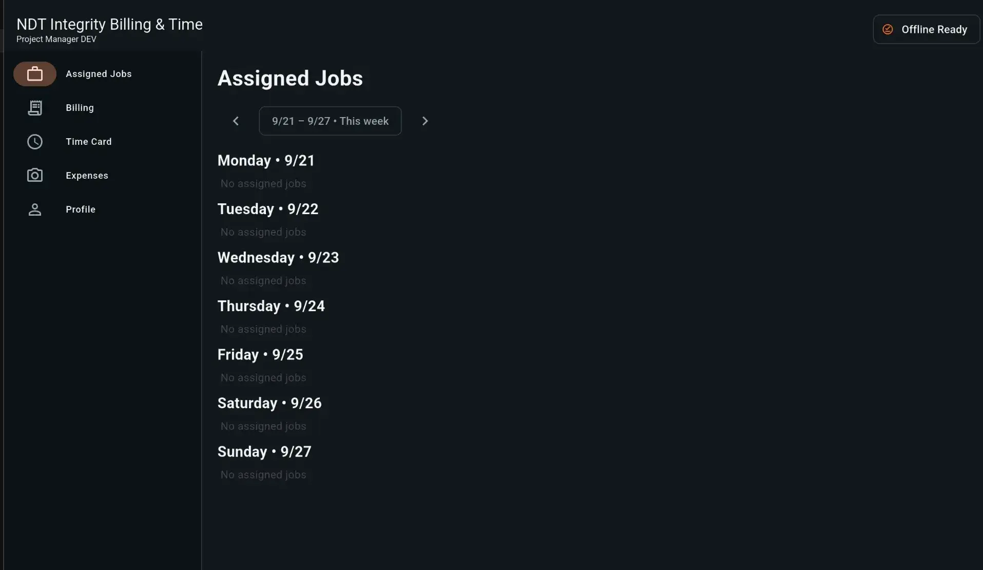 NDT Integrity Project Manager Android app showing assigned field jobs