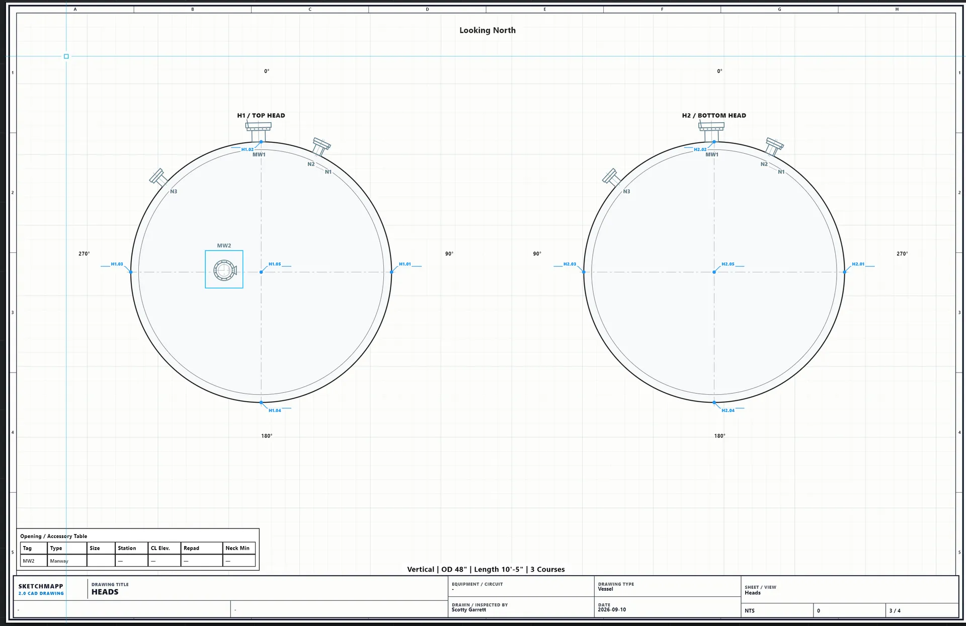 Vessel head drawings looking north with H1 top head and H2 bottom head, nozzle and manway callouts N1, N2, N3, MW1, MW2, H1.01–H1.05, and the Opening / Accessory Table.