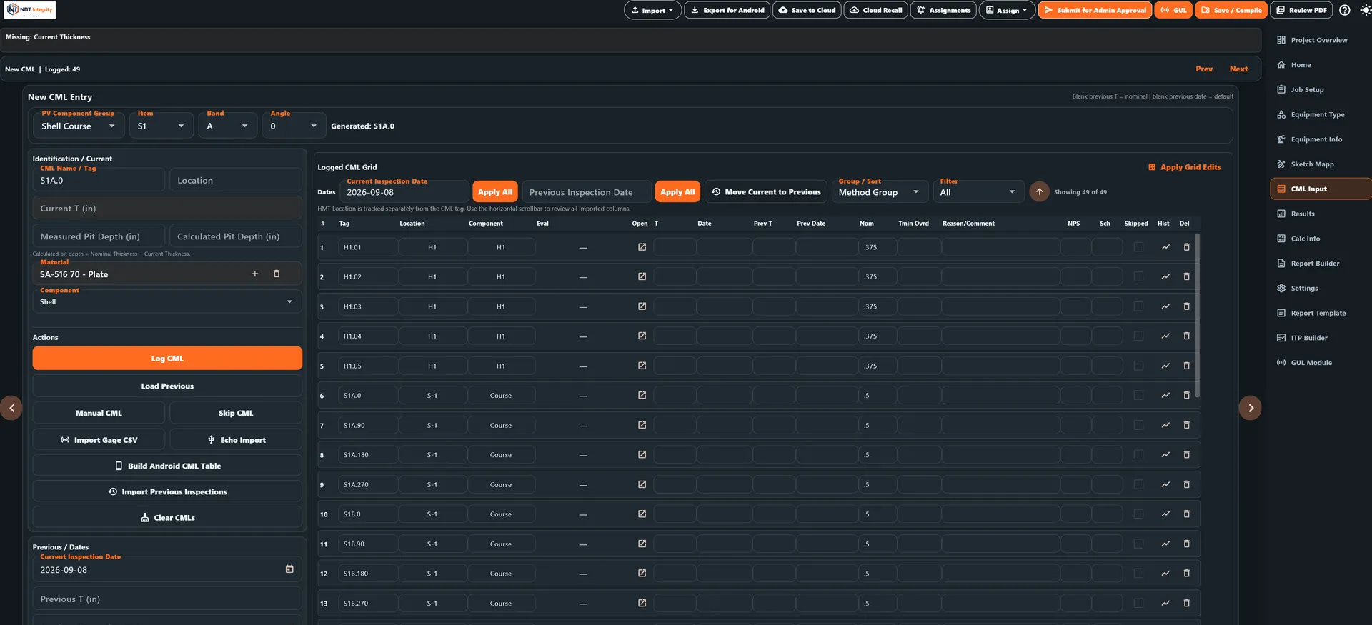 NDT Integrity CML Input screen showing the New CML Entry form with generated tag S1A.0, the Actions panel, and visible tag rows in the Logged CML Grid.