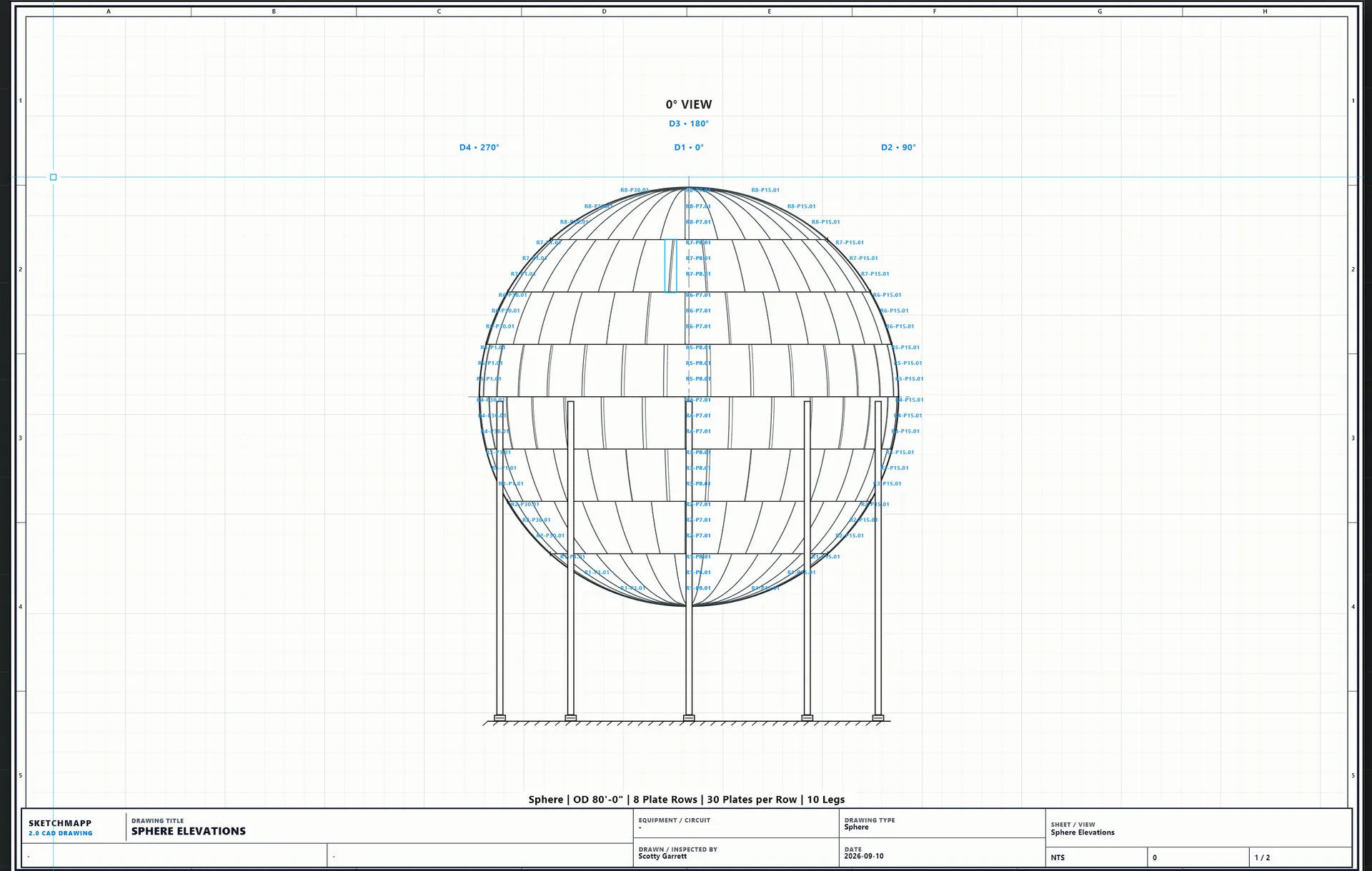 Sphere elevation drawing showing the 0° view with D1, D2, D3, and D4 quadrant callouts, eight plate rows, and per-plate CML locations.