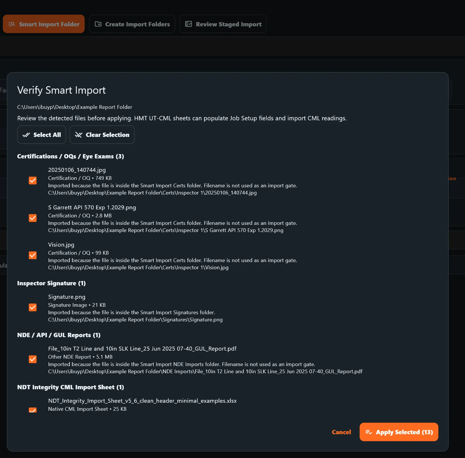 Verify Smart Import screen showing grouped files, mapped inspection records, and review before applying imported data