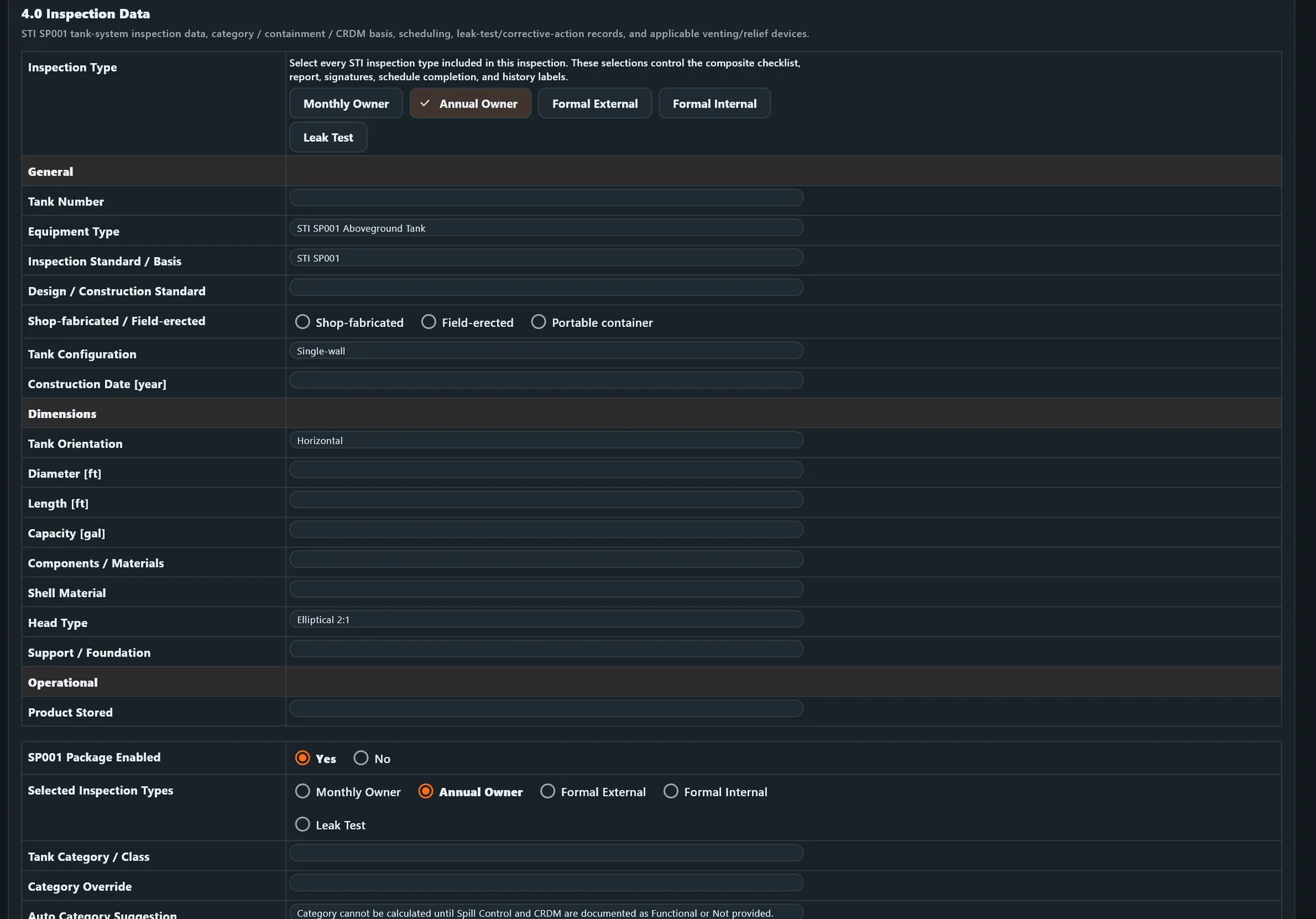 STI inspection checklist screen with structured responses and documentation fields