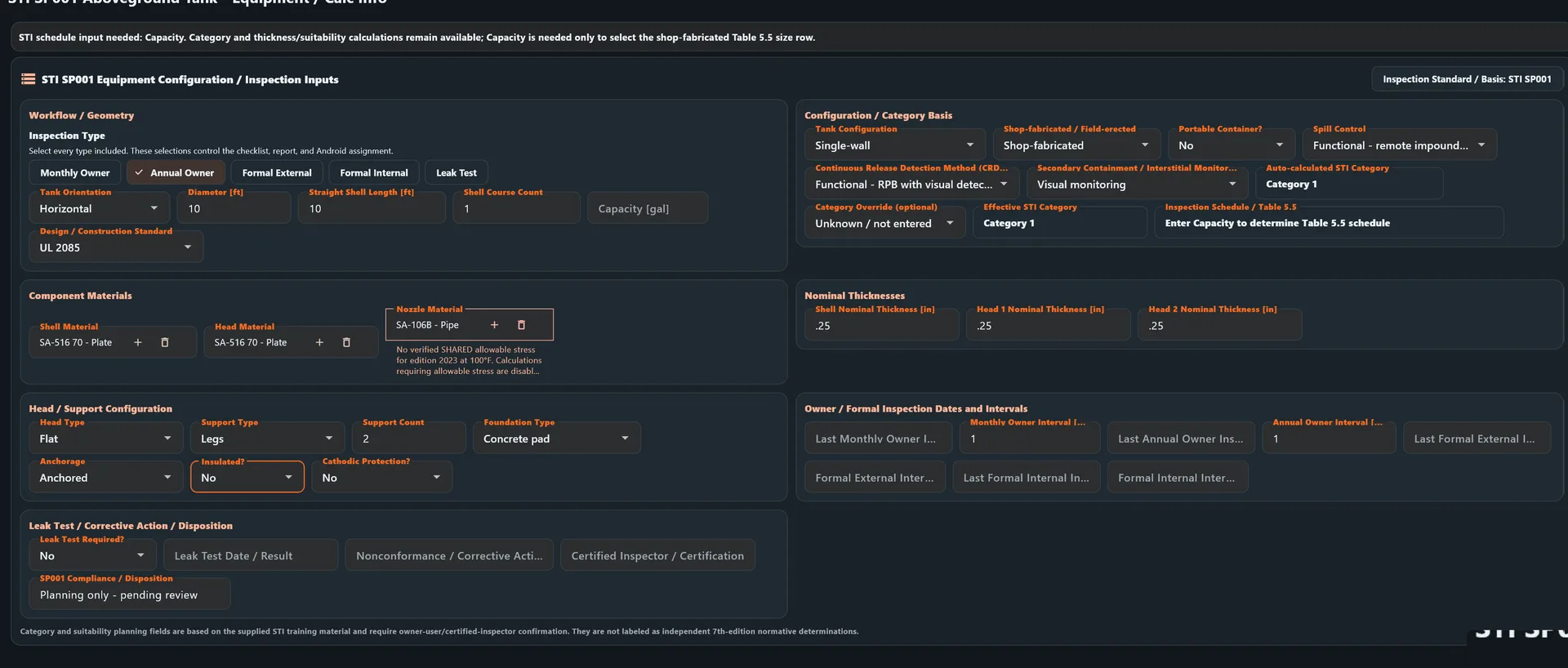 STI inspection equipment and calculated information setup screen