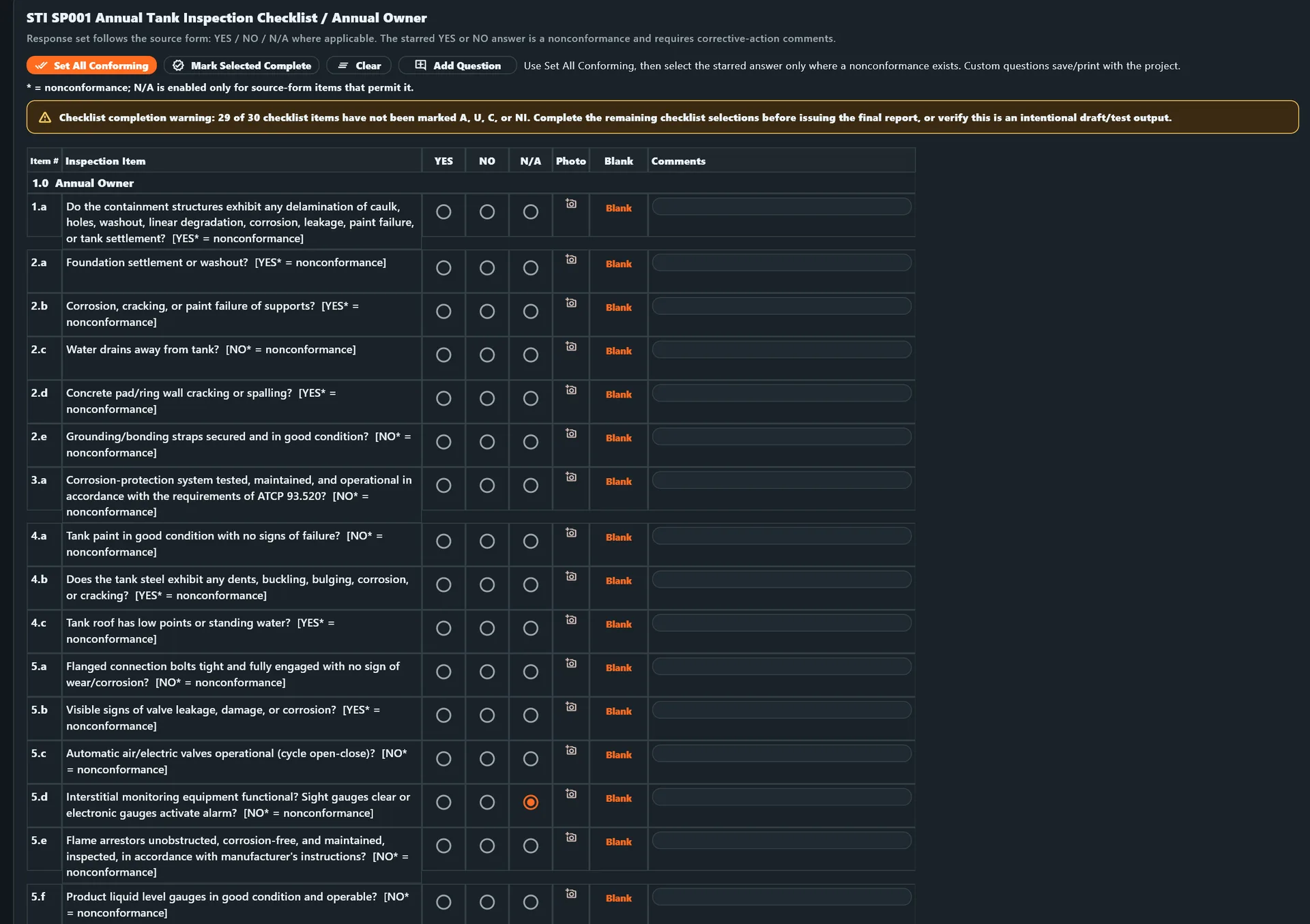 STI inspection data screen with checklist results, findings, and follow-up fields